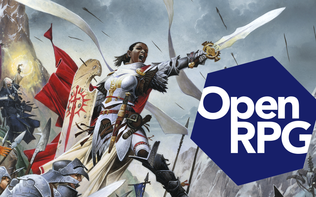 Warrior holding up a sword with the open rpg logo below sword
